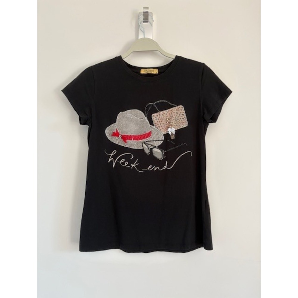 Vinizbena Womens Black Weekend‎ Rhinestone Sequin Graphic T-Shirt Medium Italy